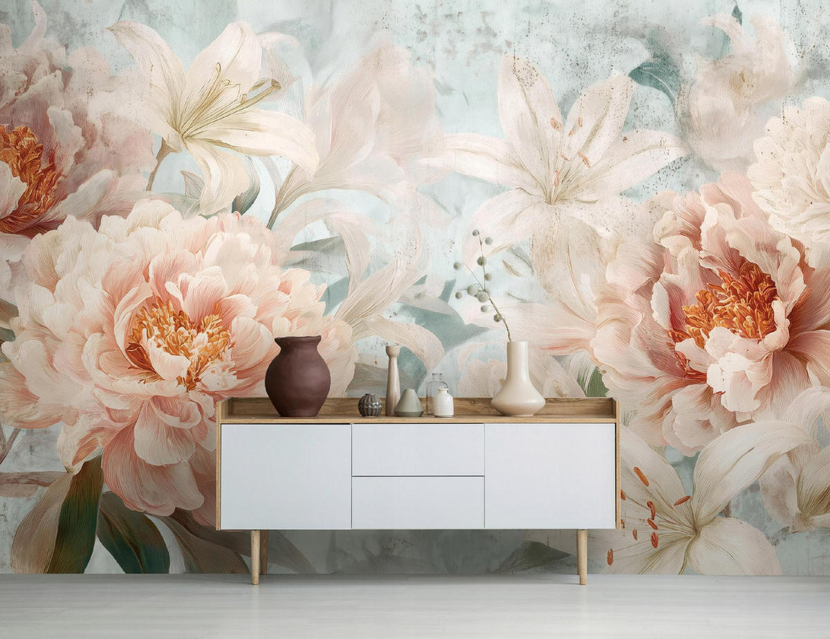 FOTOTAPETE Blumen Pfingstrosen Beige 400x280 cm - Multicolor, Papier (400/280cm) - Wallarena