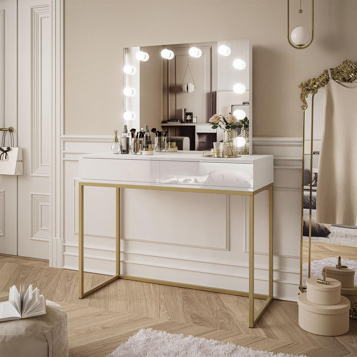 SCHMINKTISCH BLANCO GOLD ELITE mit Spiegel und Beleuchtung Weiß Hochglanz PUSH OPEN - Weiß Hochglanz/Goldfarben, Holzwerkstoff (100/146/42cm) - Lookway