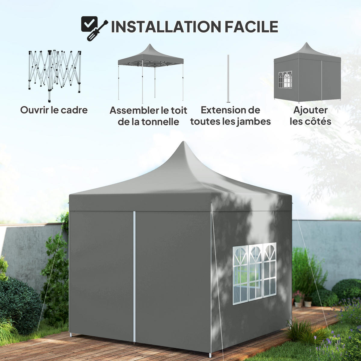 PAVILLON DE-14028 3/3 m, 4 abnehmbare Seitenwände, 3 Fenster, höhenverstellbar Grau - Grau, Textil (290/325/290cm) - ComfortXL
