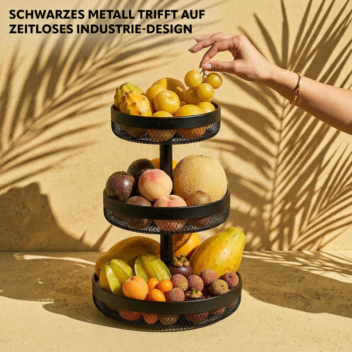 OBSTETAGERE rund, 3-stöckig, Ø 20 cm, 25 cm und 30 cm, schwarz, Metall - Schwarz, Metall (42cm) - eluno