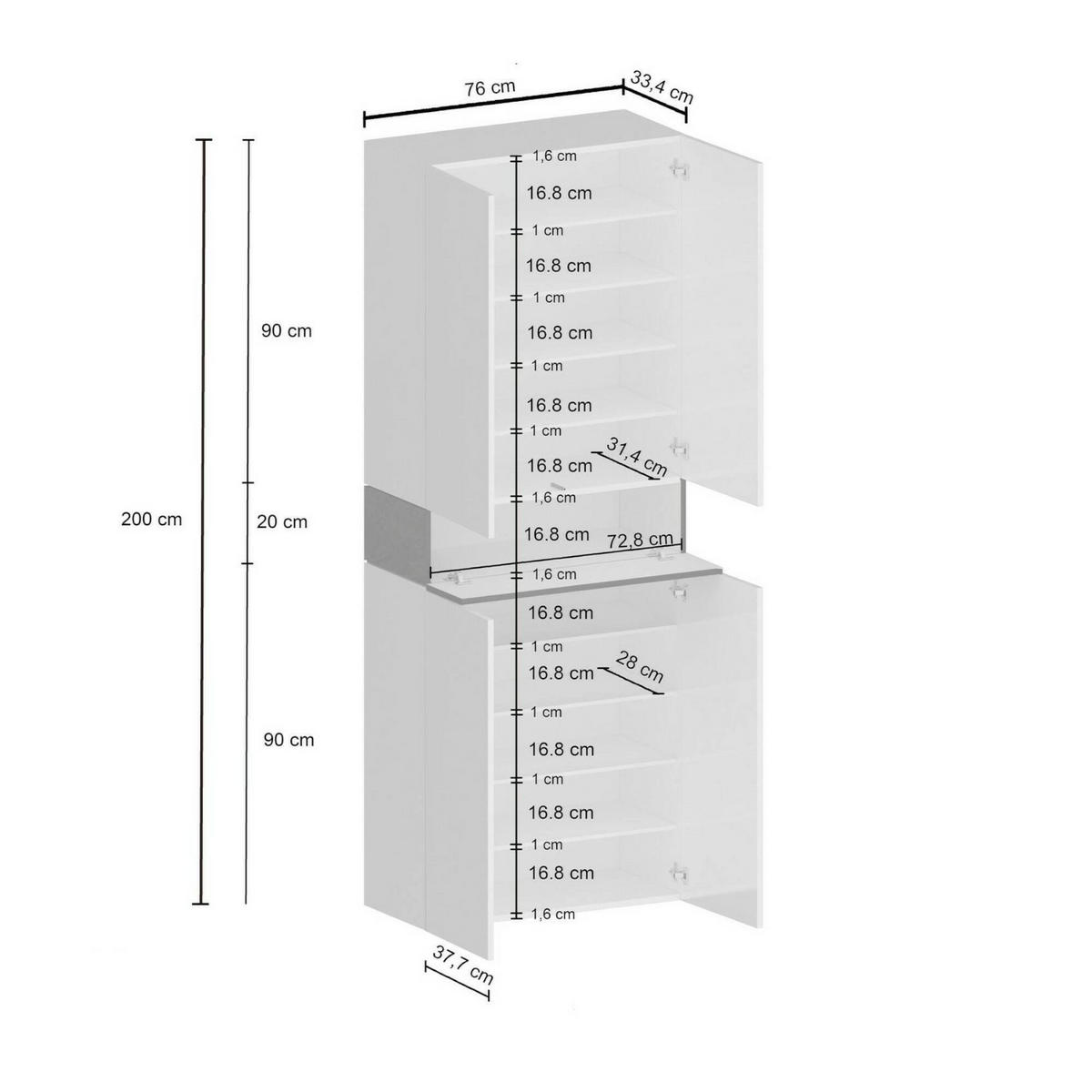 SCHUHSCHRANK Glänzendes Weiß, Eiche 38/76/200 cm - Weiß, Holzwerkstoff (76/200/38cm) - DMORA