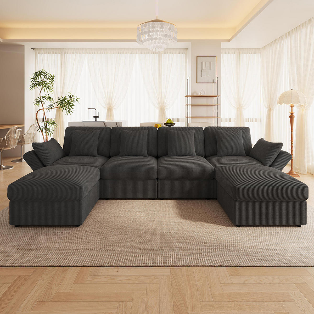 ECKSOFA,SECHSSITZER-SOFA mit verstellbaren Armlehnen in Grau - Grau, Textil (159.5/290cm) - KOMHTOM