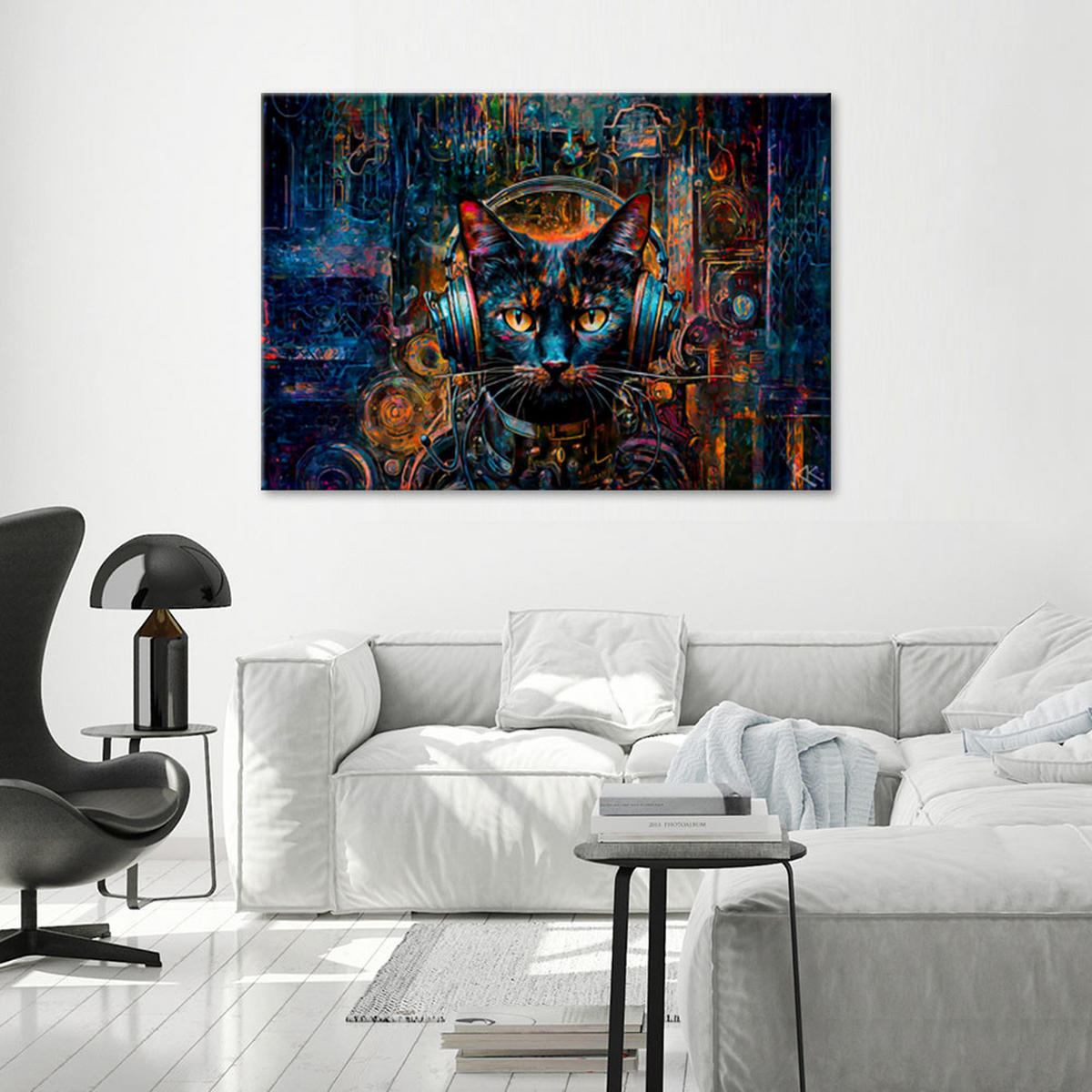 LEINWANDBILD DJ Katze in abstrakten Farben - Blau, Textil (60/40cm) - Feeby