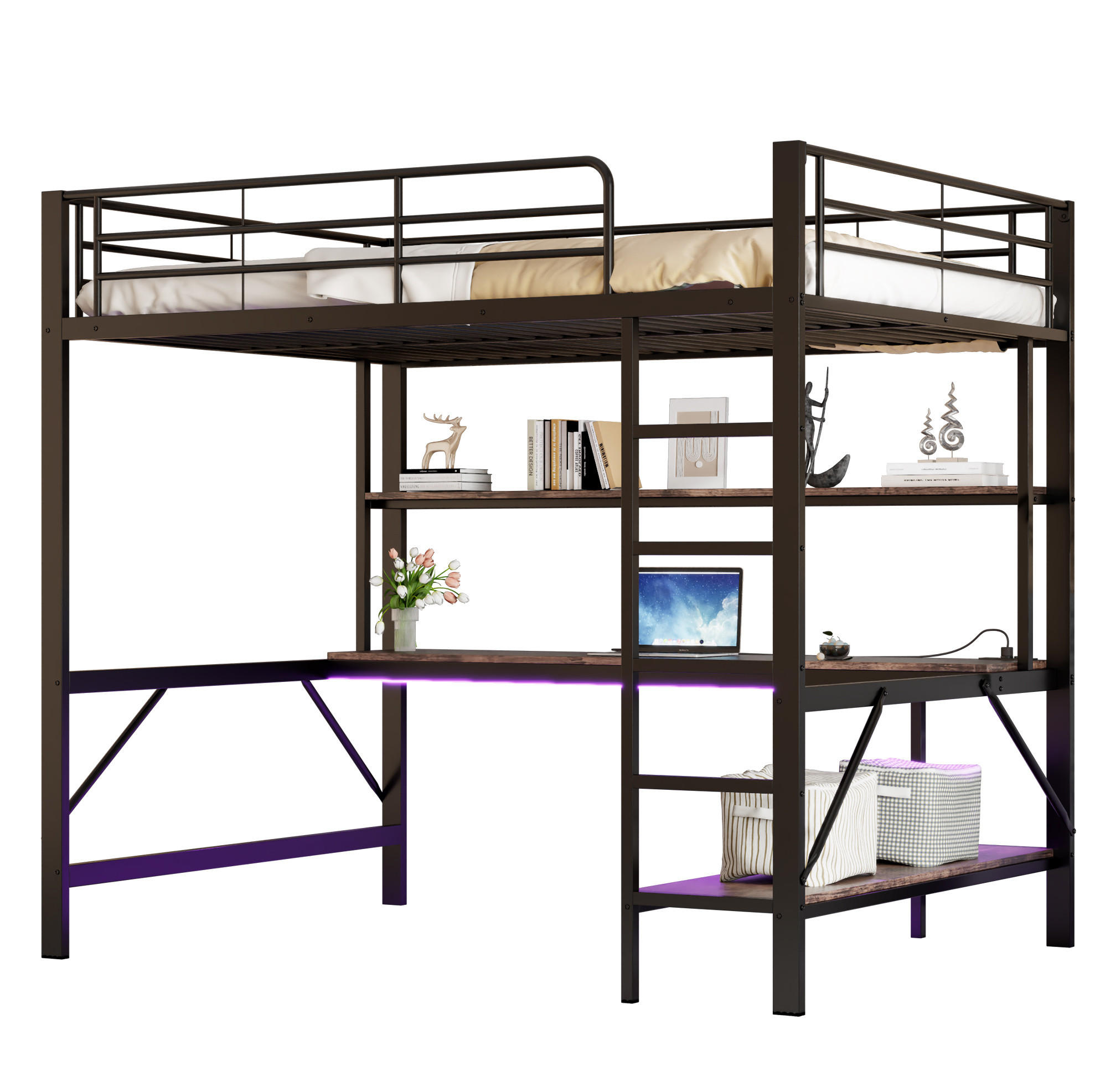 HOCHBETT 140/200 cm Schwarz aus Metall mit Schreibtisch - Schwarz, Metall (140/200cm) - OKMYHOME