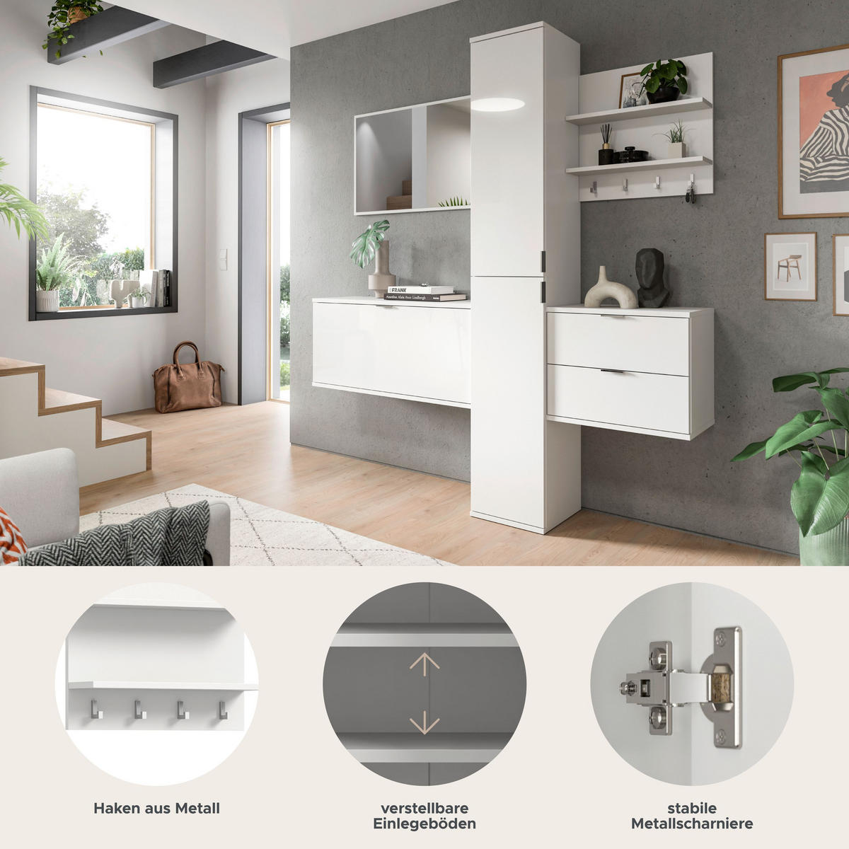 GARDEROBENKOMBINATION 4tlg. Projekt X Garderobe in weiß Nb. und weiß hochglanz B/H/T: 174x193x34 cm - Weiß, Holzwerkstoff (174/191/37cm)