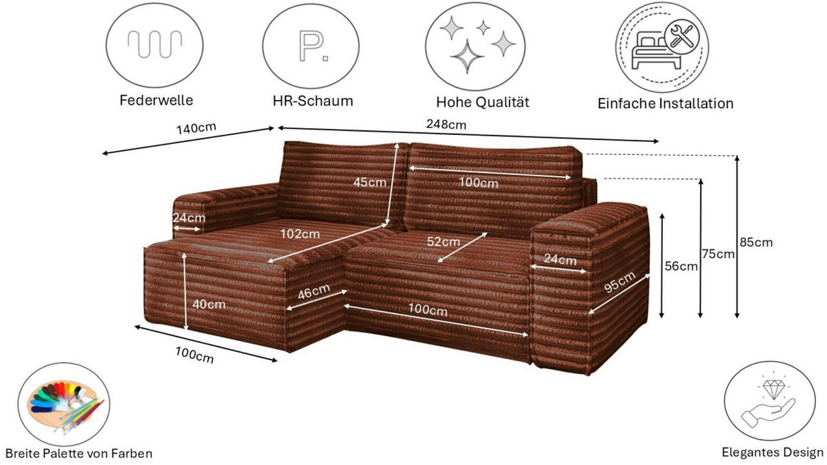 ECKSCHLAFSOFA Bohoo-Ecksofa mit Schlaffunktion stoff Velo Kupfer Links - Kupferfarben, Holz/Textil (140/248cm) - Kaiser Möbel