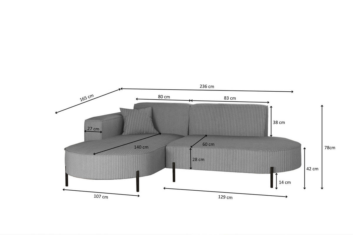 ECKSOFA L-Form Designer Modena Rein stoff Cord Silber Links - Silberfarben, Holzwerkstoff (165/236cm) - Kaiser Möbel