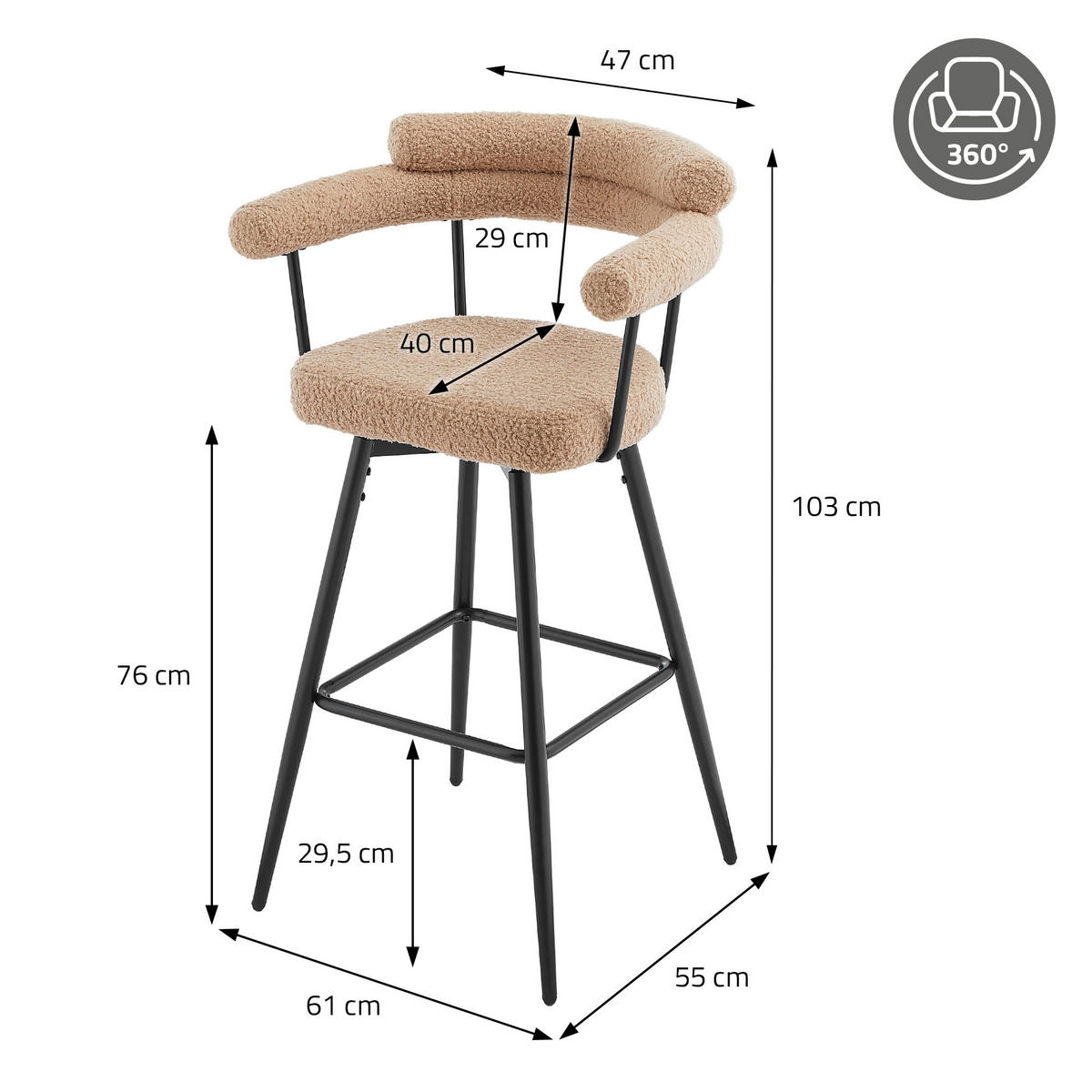 BAROVÁ ŽIDLE, sada 2 ks, otočná, hnědá s plyšovým potahem, výška 76 cm - černá/hnědá, kov/textil (61/103/55cm) - ML-DESIGN