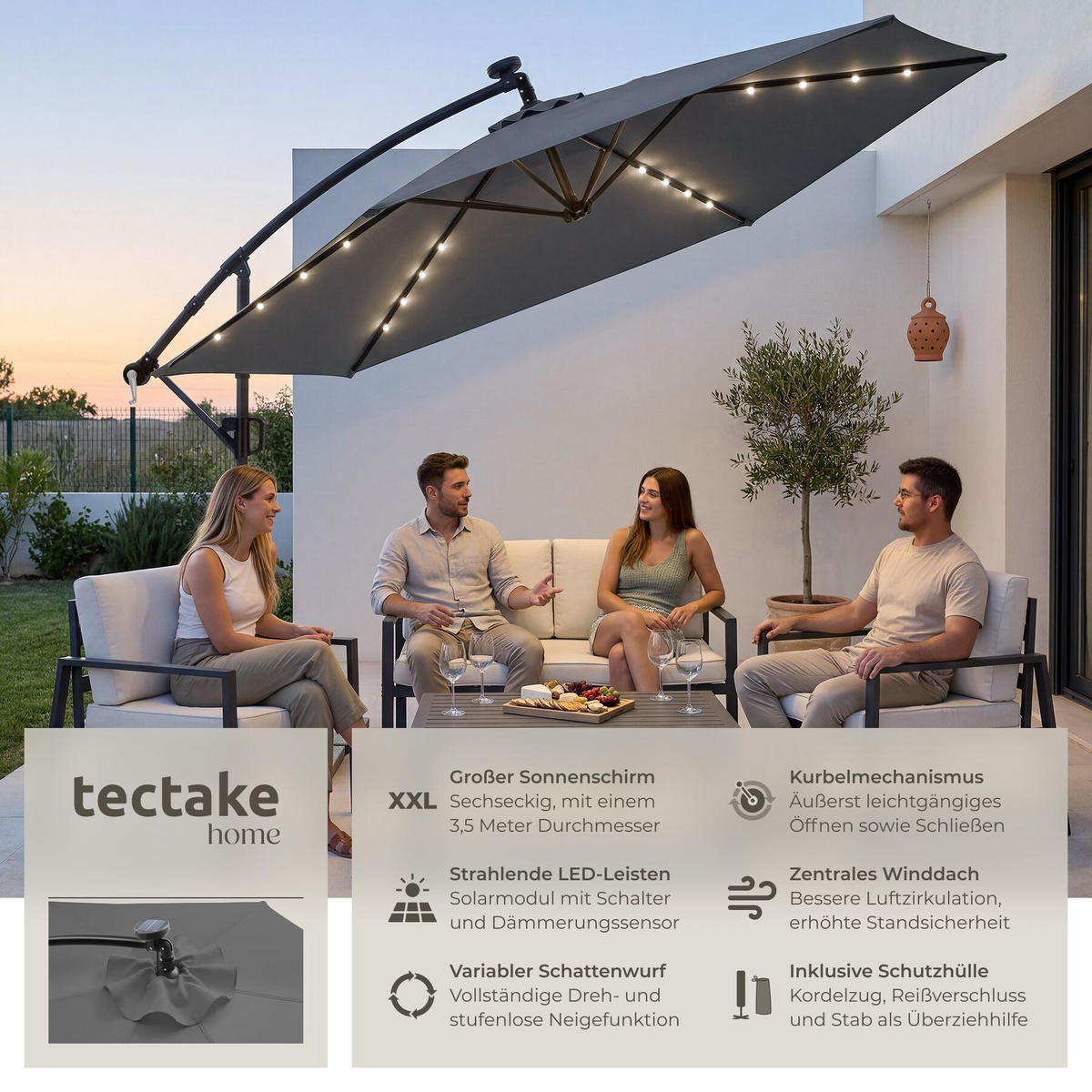 AMPELSCHIRM Artemis, mit LED Solar-Beleuchtung, inkl. Schutzhülle, grau - Grau, Metall (350/337cm) - tectake