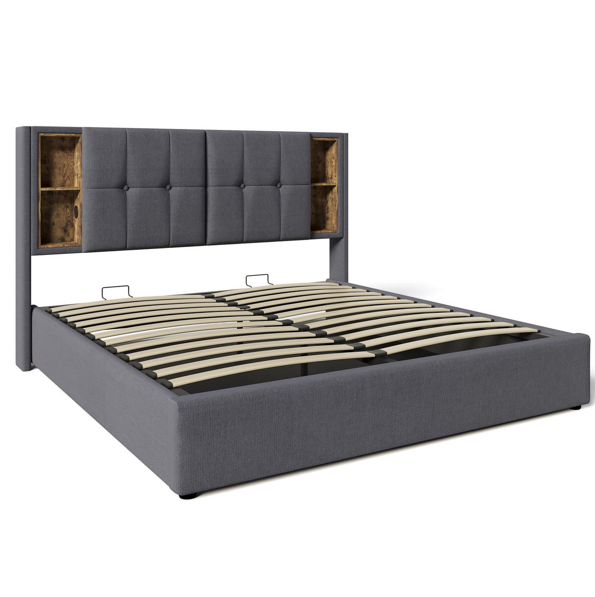 POLSTERBETT 140/200 cm mit kabellosem Laden, USB, Matratze, USB-C und Bettkasten, Baumwolle, Grau - Grau, Textil (140/200cm) - Redom