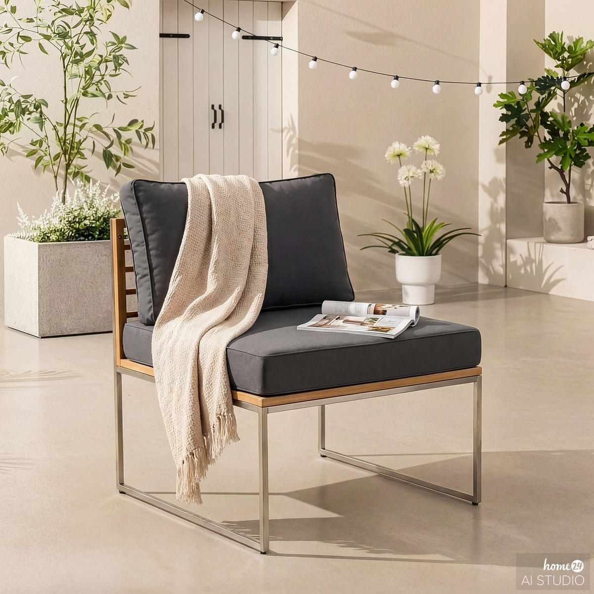 SESSELMODUL - Grau / Braun - Teak / Edelstahl - Webstoff / Teak massiv - Silberfarben/Braun, Holz/Textil (70/77/70cm) - home24
