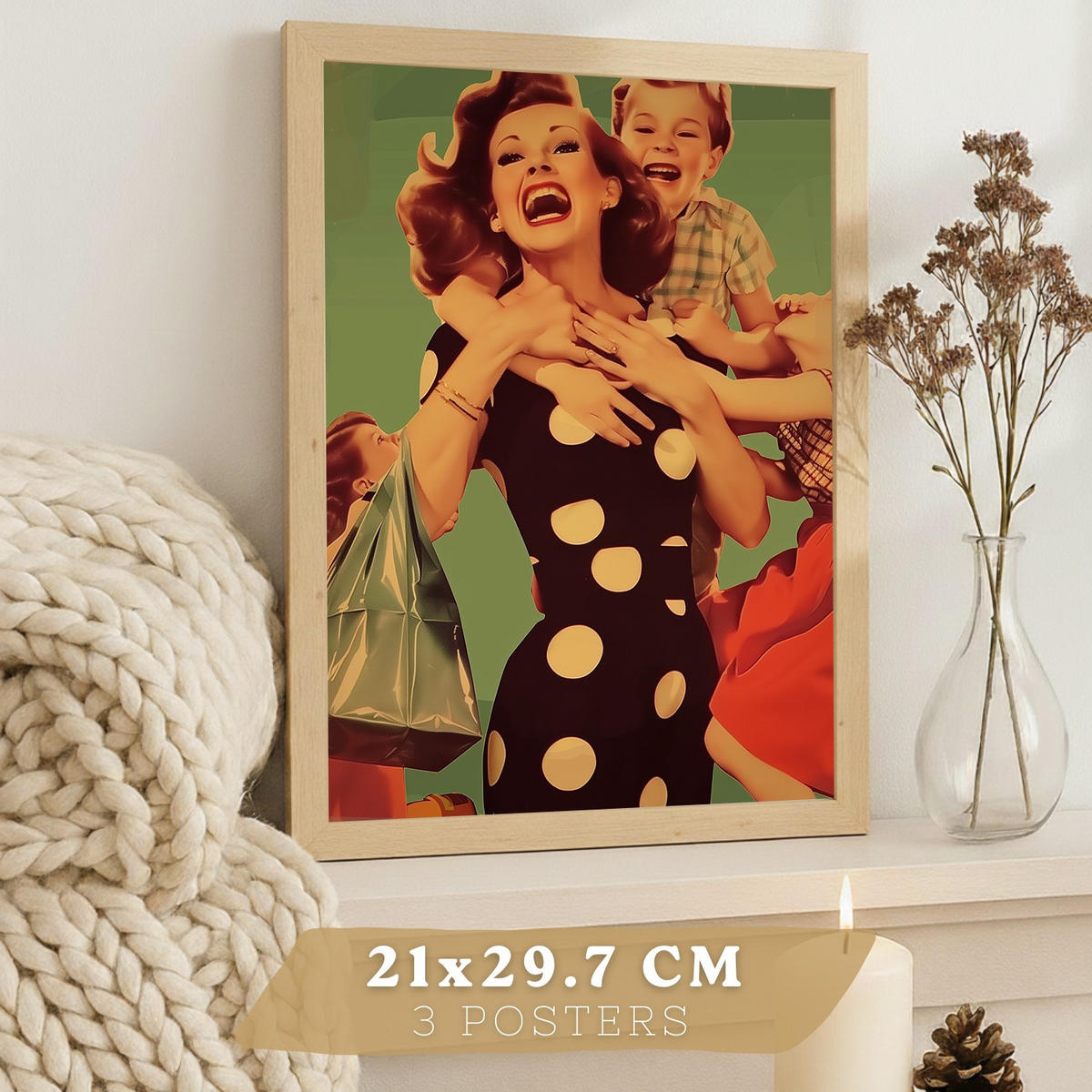 POSTER 3er Bilder-Set Wandbilder Retro Pin-up modern Wohnzimmer Deko, Schlafzimmer, Küche, Badezimmer Leichter Holzrahmen A3 - Beige, Papier (29.7/1/42cm) - Nacnic
