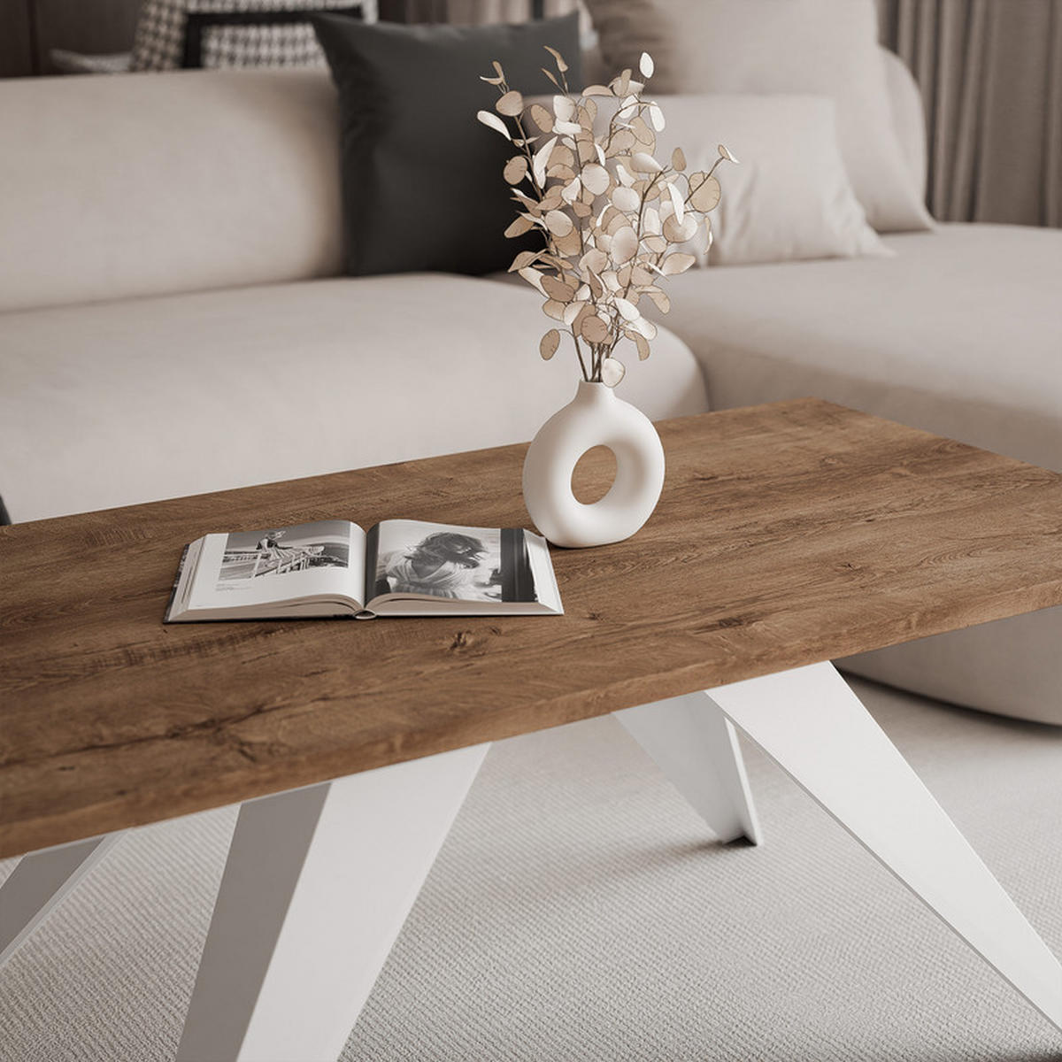 COUCHTISCH AIRA 120/60/48 cm Rechteckig, Weiß/Lefkas-Eiche - Eichefarben/Weiß, Metall (60/120/48cm) - Idohome