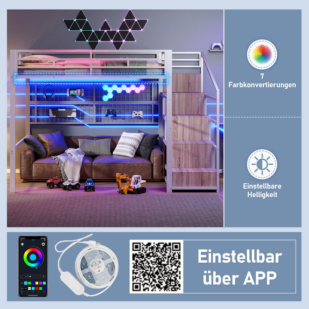 HOCHBETT 140x200cm Weiß Metall Kleiderschrank LED-Licht - Weiß, Metall (140/200cm) - FLIEKS