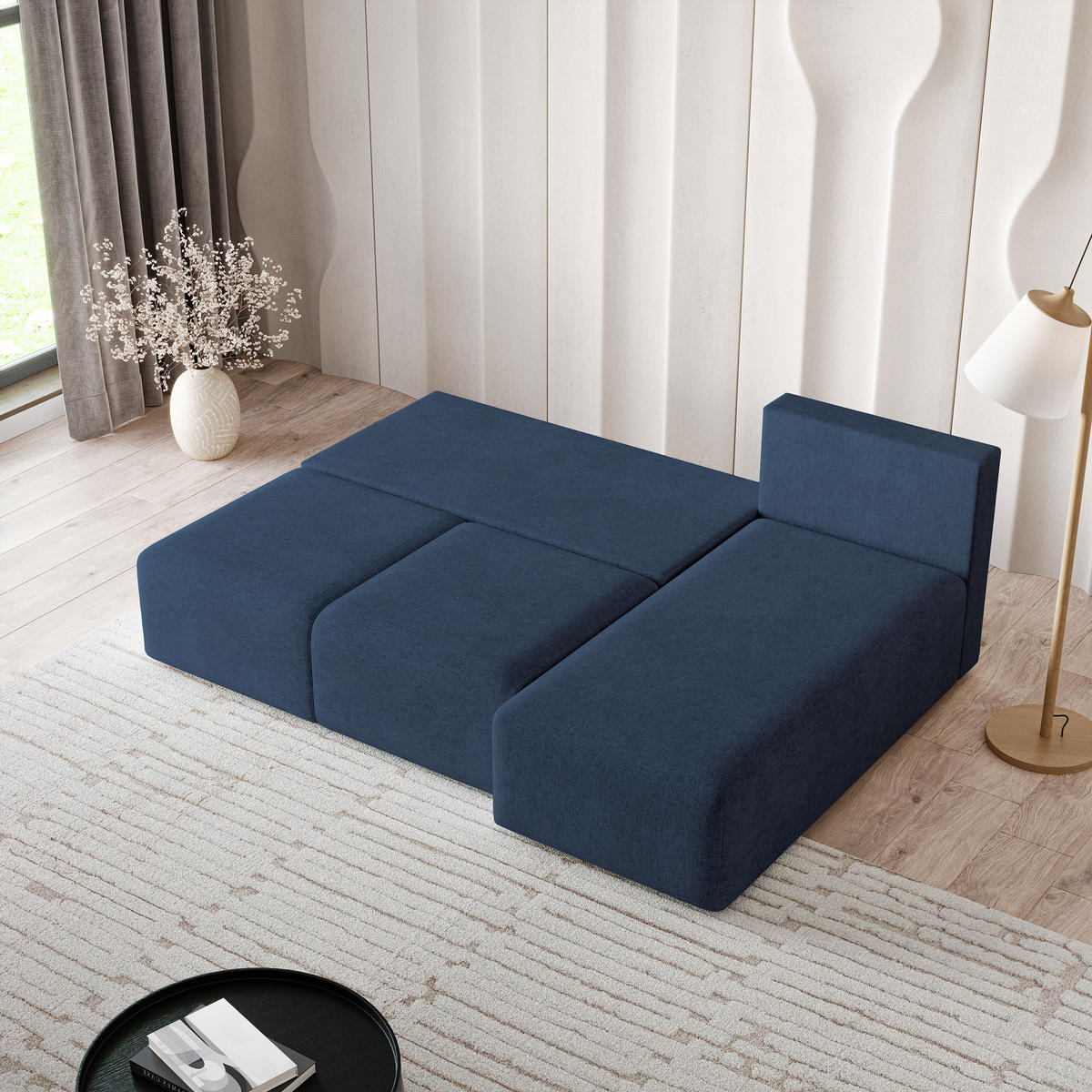 ECKSOFA TRAMA Blau Geflochtener Stoff mit Schlaffunktion - Blau, Holz (200/143cm) - MASSENO