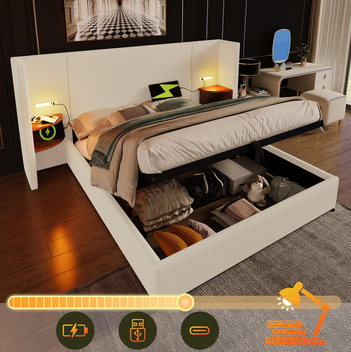 POLSTERBETT 160/200 cm Beige mit Stauraum, Matratze und USB- und Type-C-Anschlüssen - Beige, Textil (160/200cm) - Flora Grace