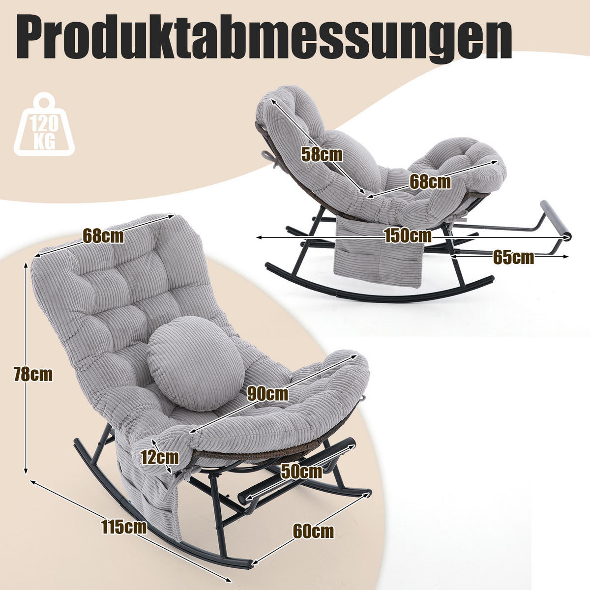 SCHAUKELSTUHL mit Fußstütze,Schaukelsessel XXL Rattanstuhl mit Kissen, Cord, Hellgrau - Hellgrau, Textil (90/78/150cm) - LVHOM
