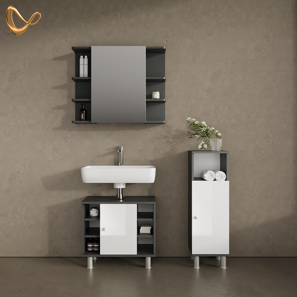 BADMÖBEL-SET Fucino Anthrazit 3 Teile, mit Midischrank - Weiß Hochglanz/Anthrazit, Holzwerkstoff (80/64/21cm) - Livinity®