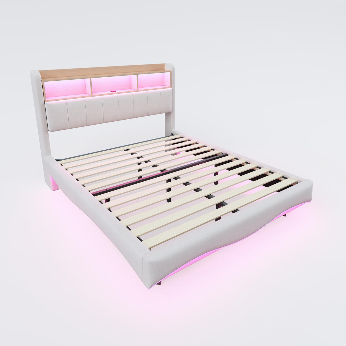 POLSTERBETT 160/200 cm aus Leinenstoff mit LED-Beleuchtung und USB- und Type-C-Anschlüssen beige - Beige, Textil (160/200cm) - OKWISH