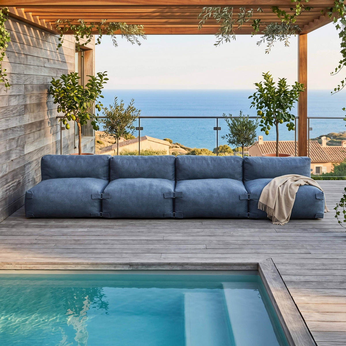 GARTENSOFA mit 4 Sitzplätzen, Pazifikblau - Blau, Textil - Oviala