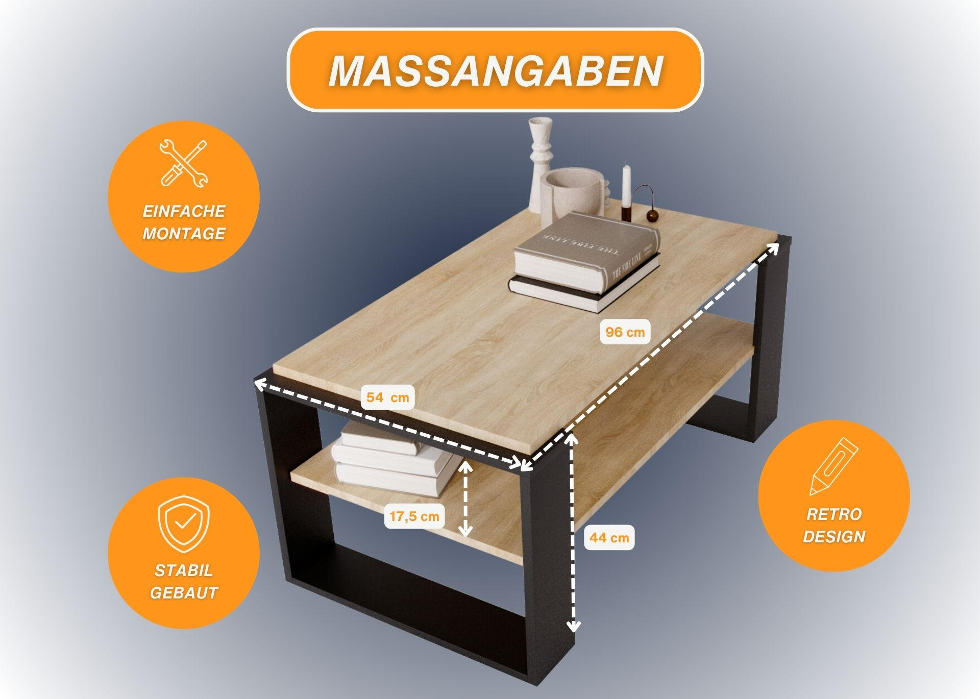 COUCHTISCH Holzwerkstoff rechteckig stabil Sonoma Eiche 42/54/96cm - Schwarz/Sonoma Eiche, Holzwerkstoff (53.8/96/42cm) - CraftPAK