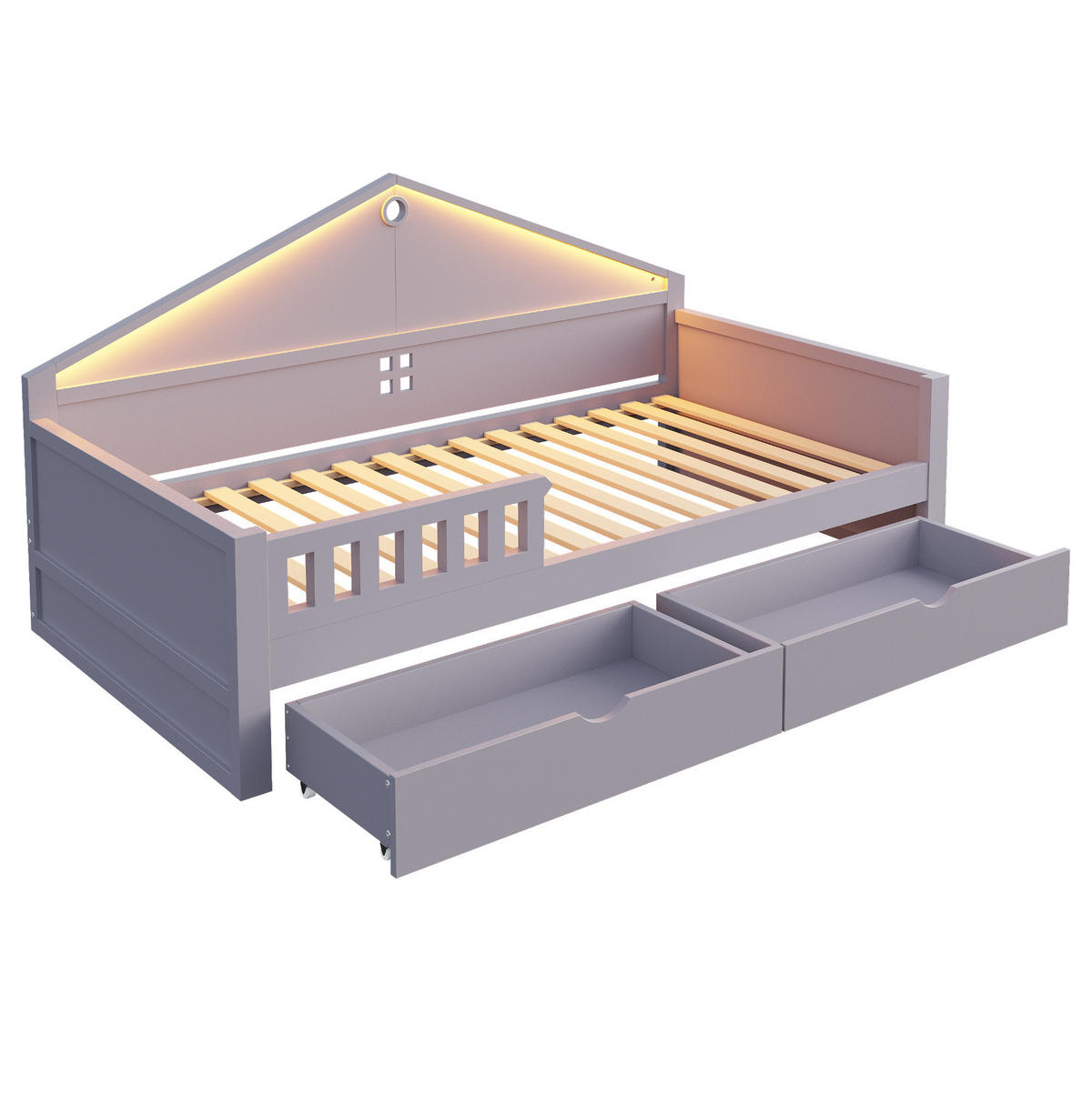 KINDEREINZELBETTEN aus Holz und MDF 90x200 cm in Grau mit LED & 2 Schubladen - Grau, Holz (90/200cm) - Modfu