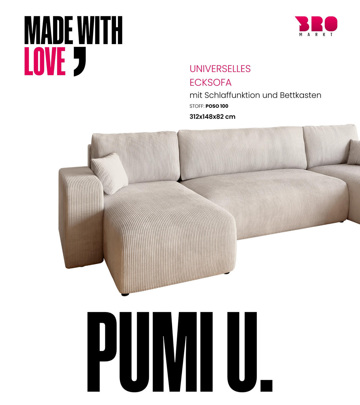 WOHNLANDSCHAFT PUMI mit Schlaffunktion Weiß Cord - Creme, Textil (312/82/148cm) - Bromarkt
