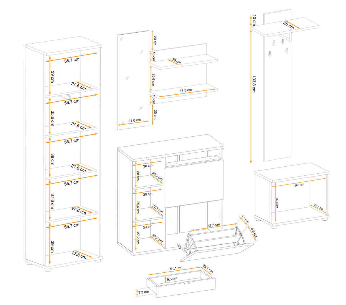 GARDEROBE Set 3-teilig Eiche Jackson, schwarz 250 cm, Garderobenkombination mit 3D-Lamellen - Eichefarben/Schwarz, Holzwerkstoff/Kunststoff (230/202/35cm) - Furn.Design