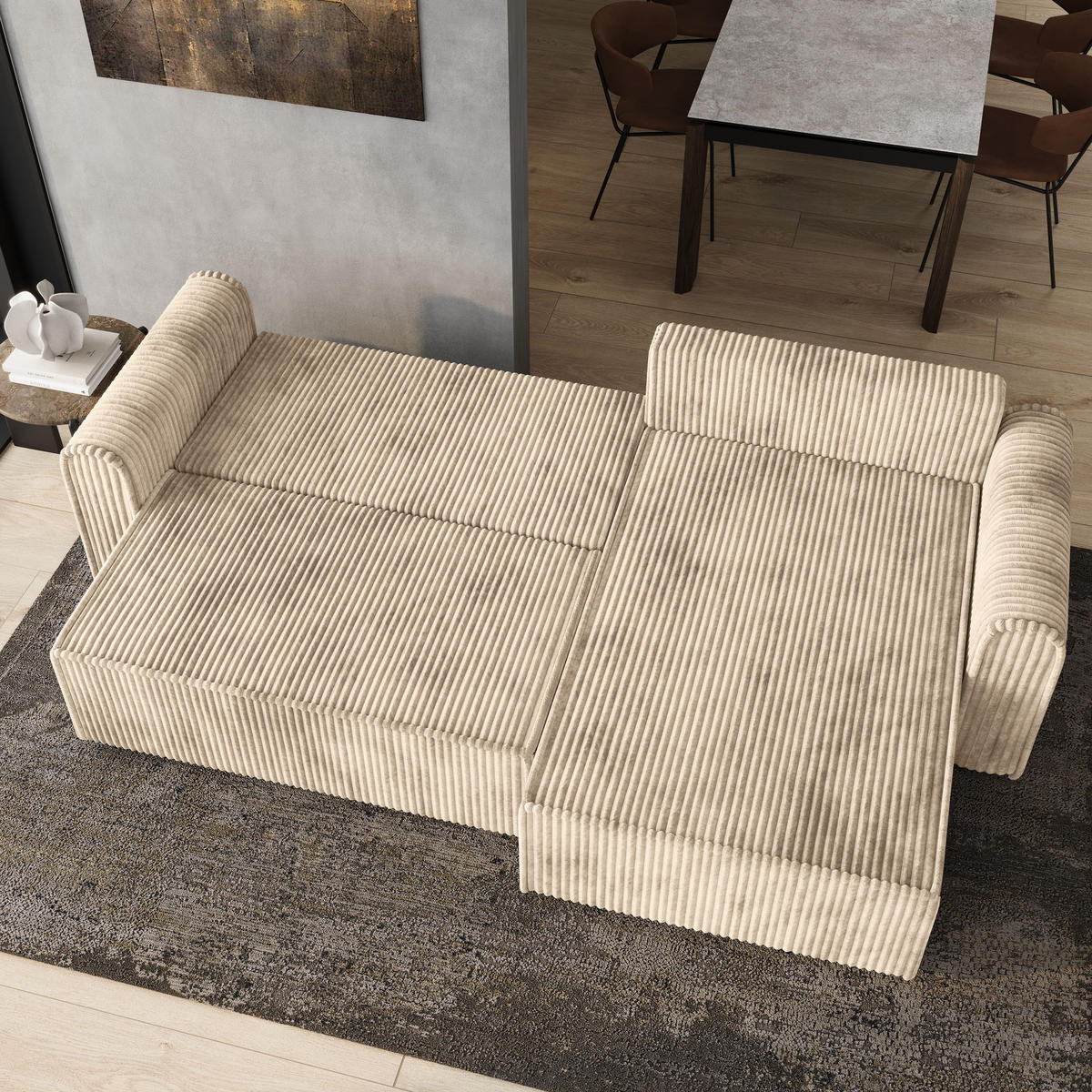 ECKSOFA VALTINO Creme Kordstoff mit Schlaffunktion - Creme, Holz (275/148cm) - MASSENO