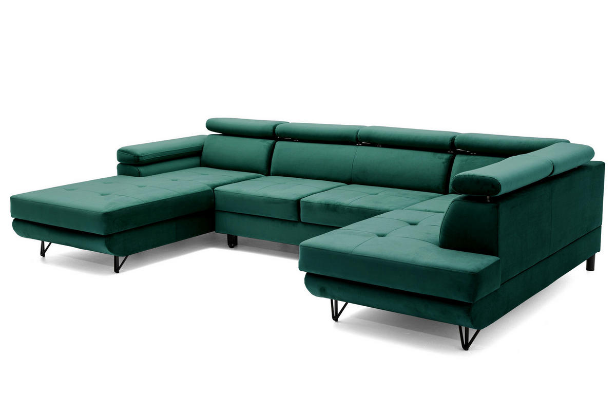 ECKSOFA U-Form JUNIOR U Rechts mit Schlaffunktion 128x254 Velours Dunkelgrün - Dunkelgrün/Schwarz, Holz/Textil (184/90/323cm) - Muffo