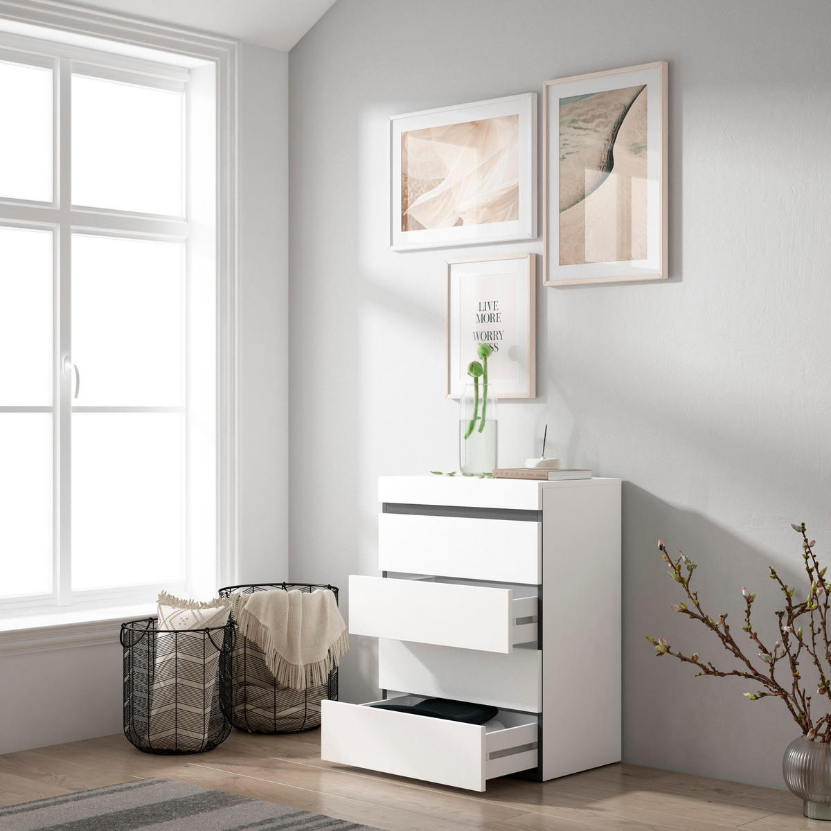 KOMMODE mit Schubladen, Sideboard Schrank, weiß und schwarz, 35/57/75cm - Weiß, Holzwerkstoff (57/75/35cm) - Skraut Home