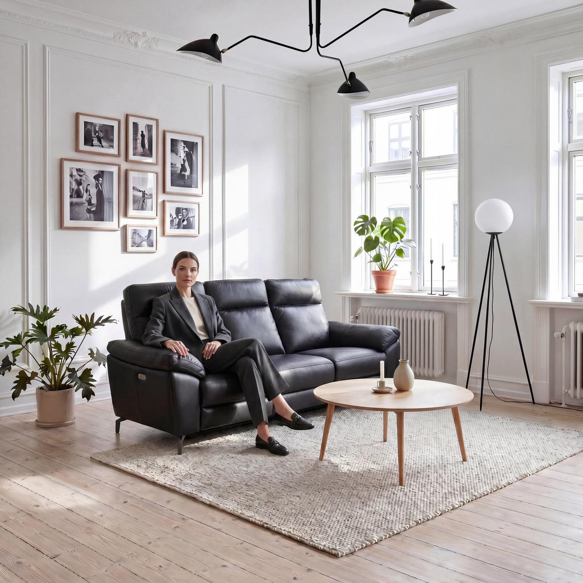 DREISITZER-SOFA Echtleder Schwarz - Schwarz, Leder/Metall (222/101/96cm) - Furnhouse