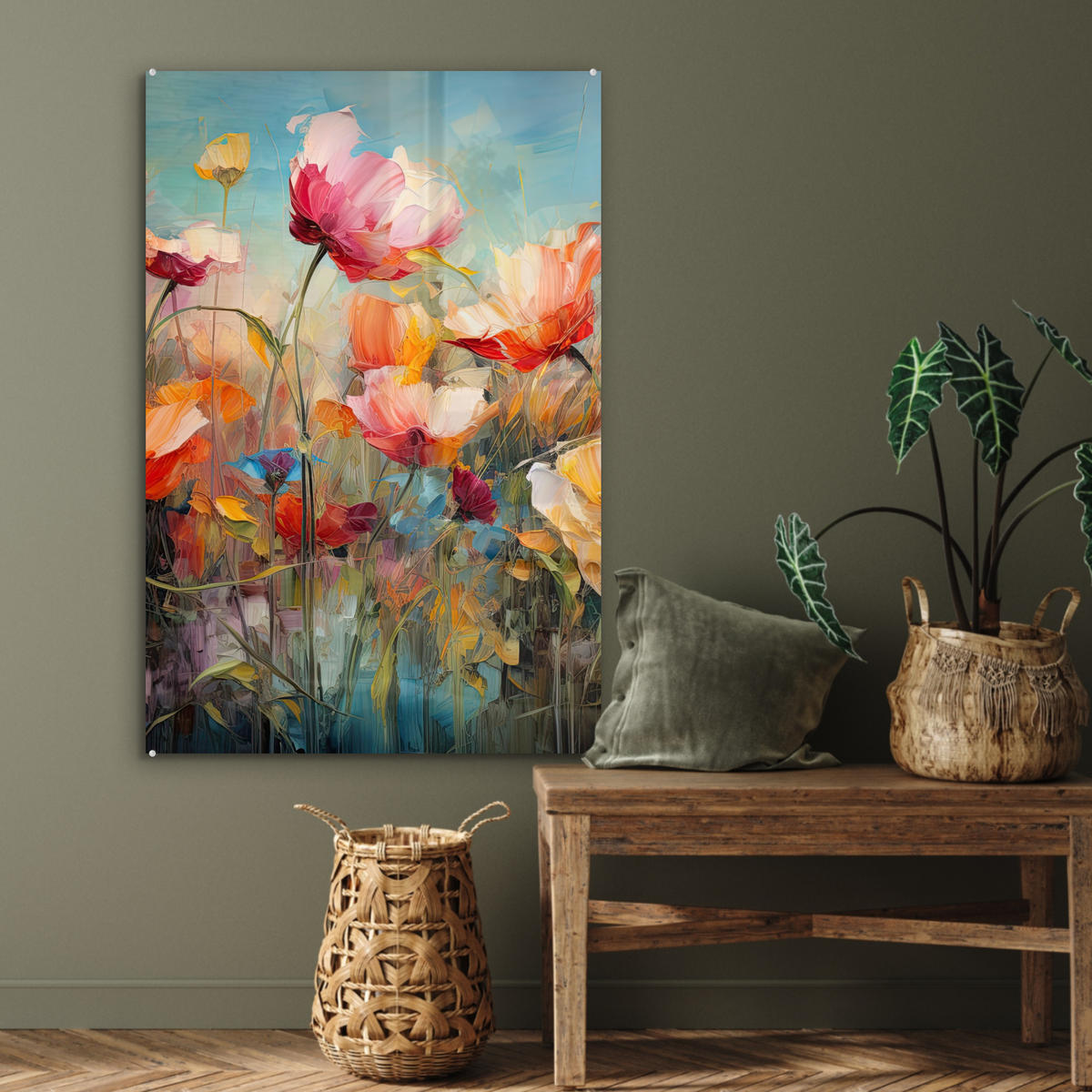 ACRYLGLASBILD Blumen - Aquarell - Kunst - Botanisch - Natur 60x90 cm - Orange, Glas (60/90cm) - MuchoWow