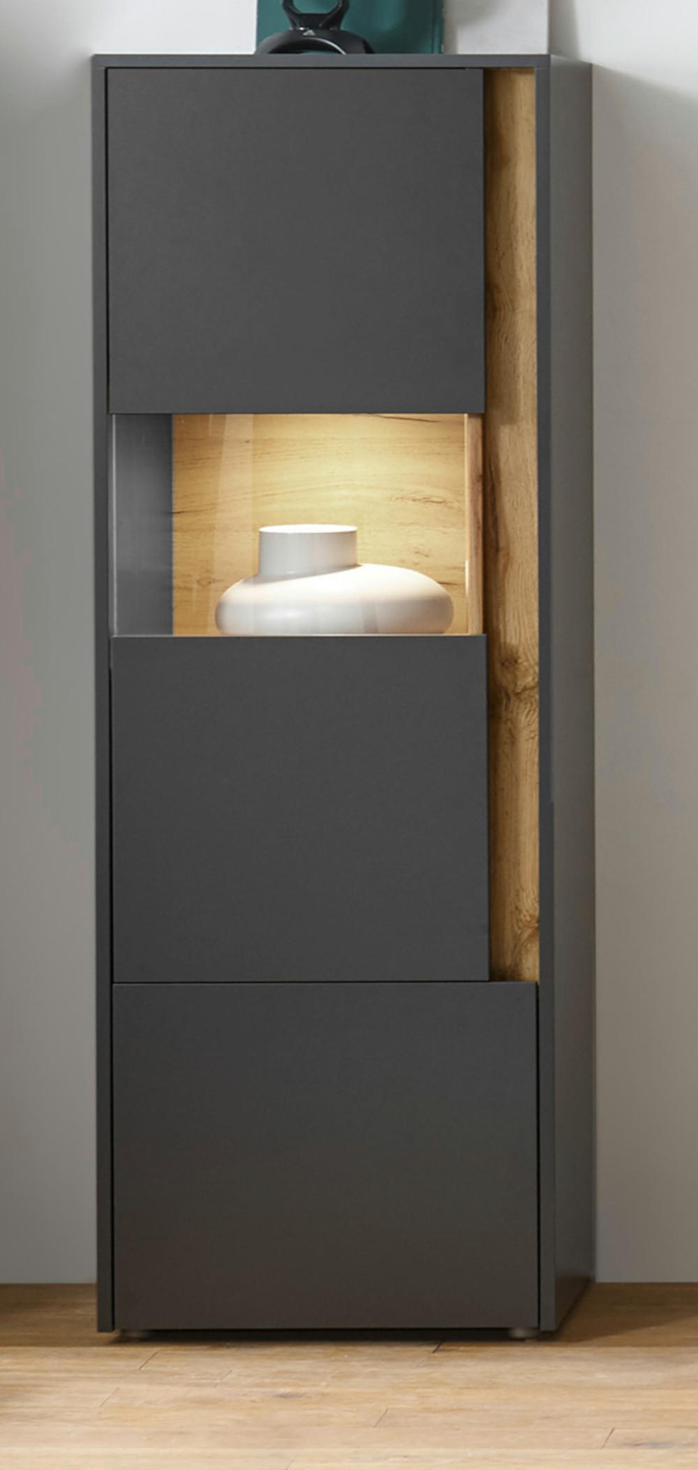 Thumbnail - Furn.Design Vitrine, Grau, Eiche Wotan, Holz, Nachbildung,Eiche, Uni, 3 Fächer, 50x155x40 cm, Wohnzimmer, Wohnwände, Vit...