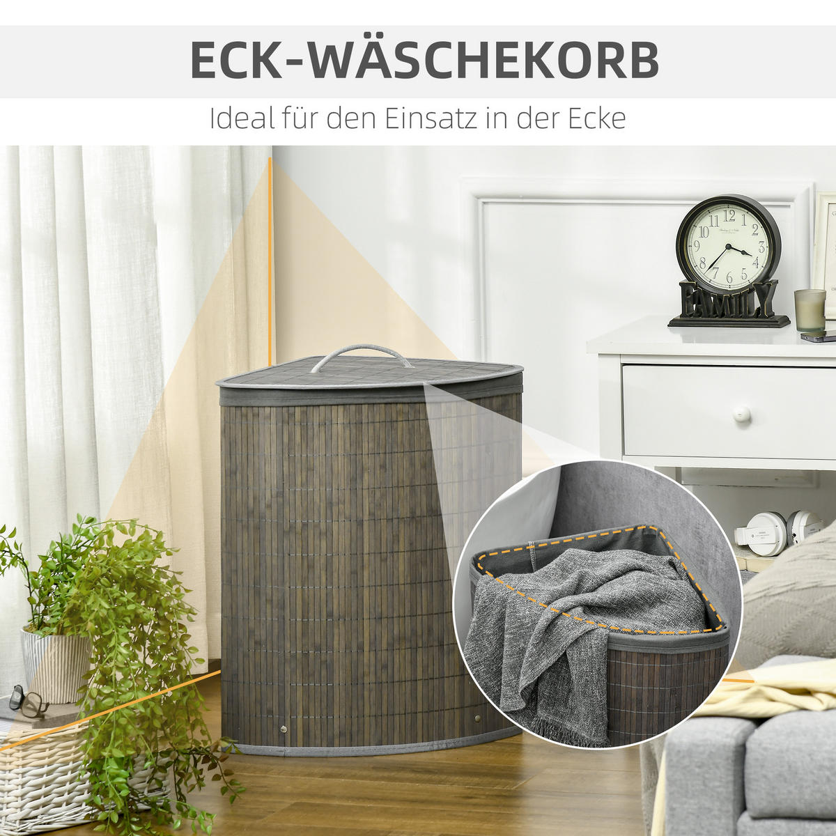 WÄSCHEKORB mit Deckel 55L, Bambus, Grau - Grau, Naturmaterialien (38/57/38cm) - HOMCOM