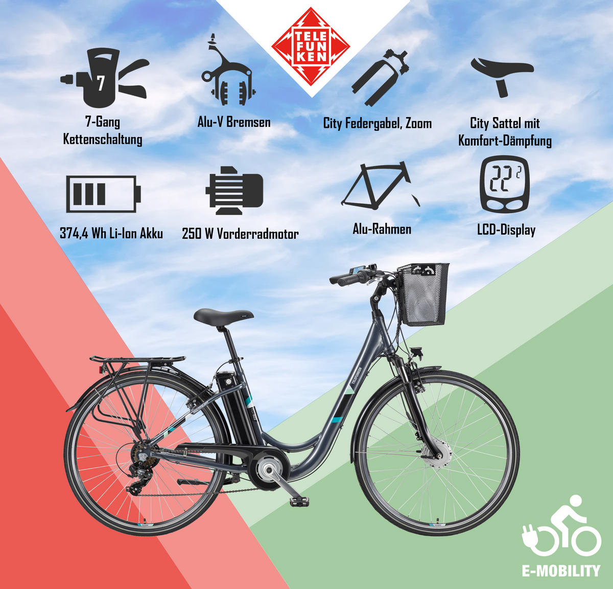 E-BIKE Cityrad Multitalent RC822 Für Damen u. Herren 374,4 Wh Frontmotor 7-Gang-Kettenschaltung 28 Zoll - Anthrazit, Metall (114.5cm) - Telefunken