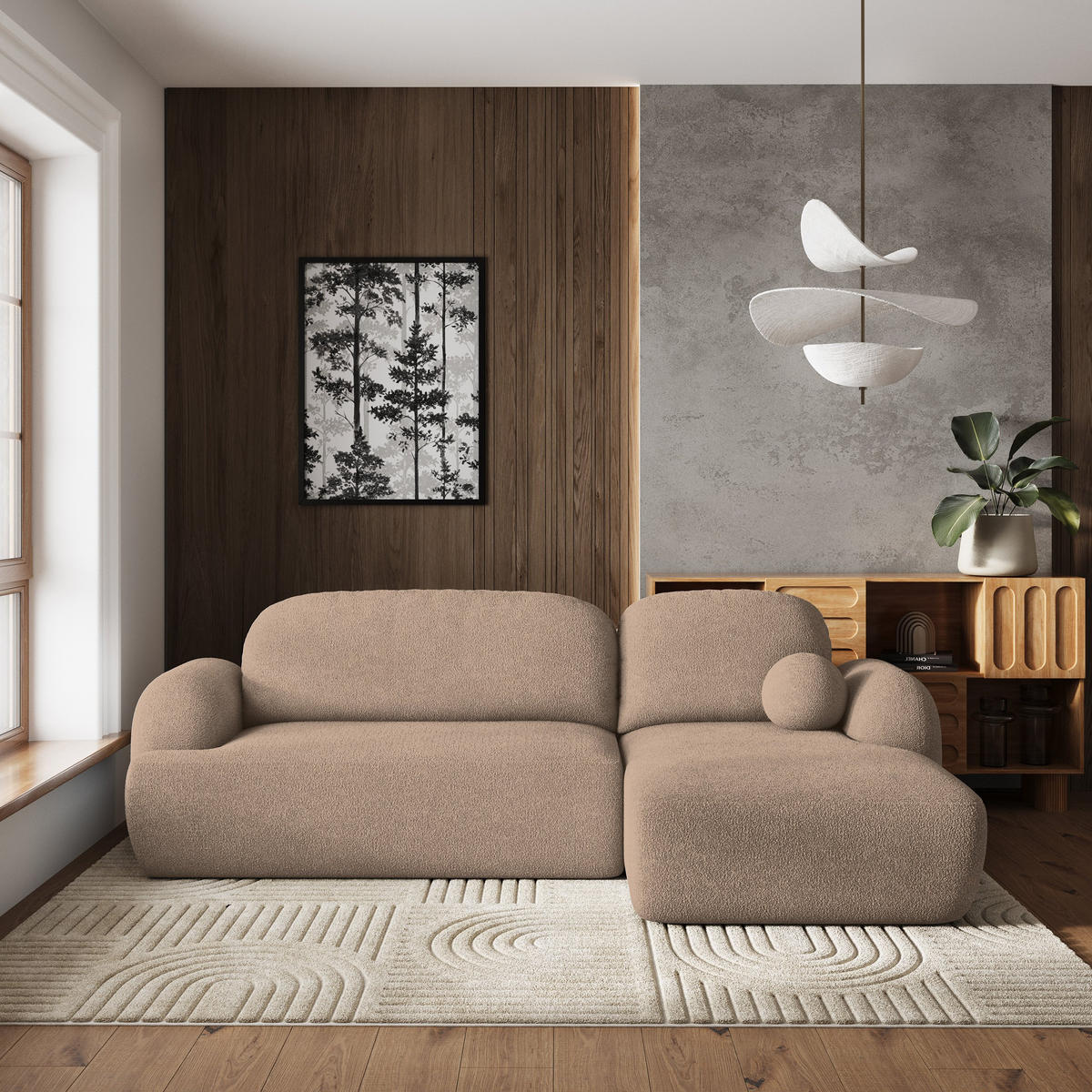 ECKSOFA MODENZA N R-S Beige Boucle-Stoff mit Schlaffunktion - Beige/Schwarz, Holz/Kunststoff (266/148cm) - MASSENO