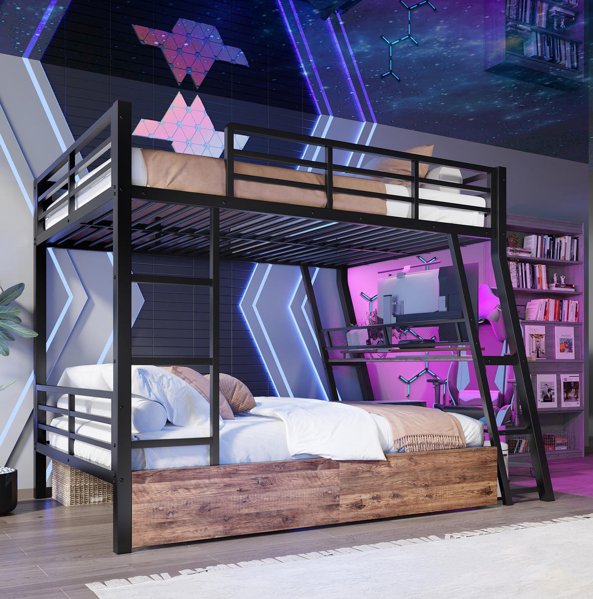 HOCHBETT 140/200 cm mit Schreibtisch, LED-Beleuchtung, 2 Schubladen und Treppe, Metallrahmen, Schwarz - Schwarz, Metall (140/200cm) - Redom