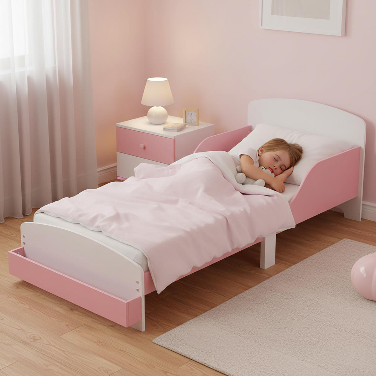 KINDERBETT Rosa Weiß Rausfallschutz 70x140 cm - Rosa, Holz/Holzwerkstoff - Relaxdays