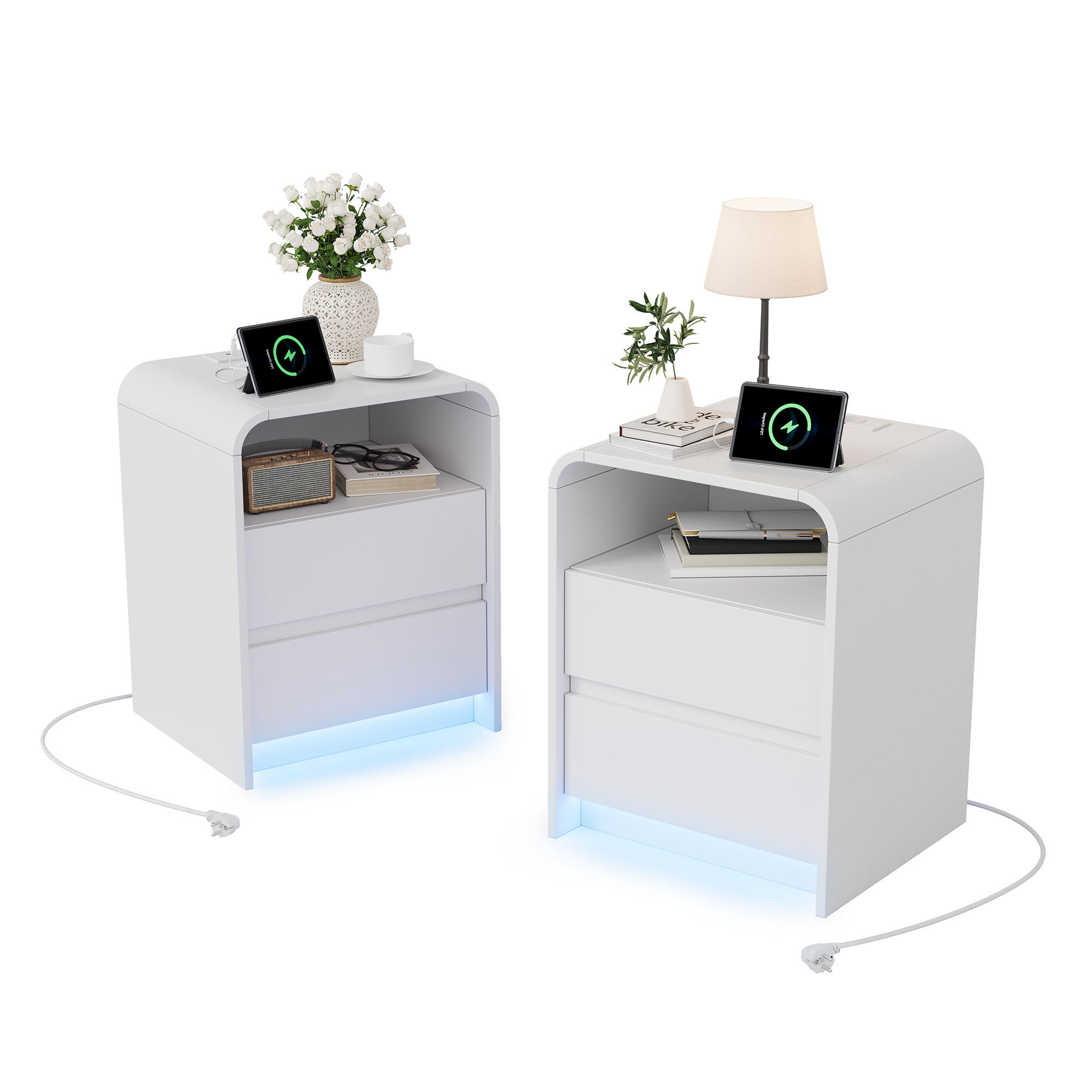 NACHTSCHRANK 2er Set, 45/40/57 cm, mit 2 Schubladen & LED-Beleuchtung, in Weiß, mit Steckdose, USB & Type-C, Nachttisch Schlafzimmer - Weiß, Holz (40/57/45cm) - BPKADHY