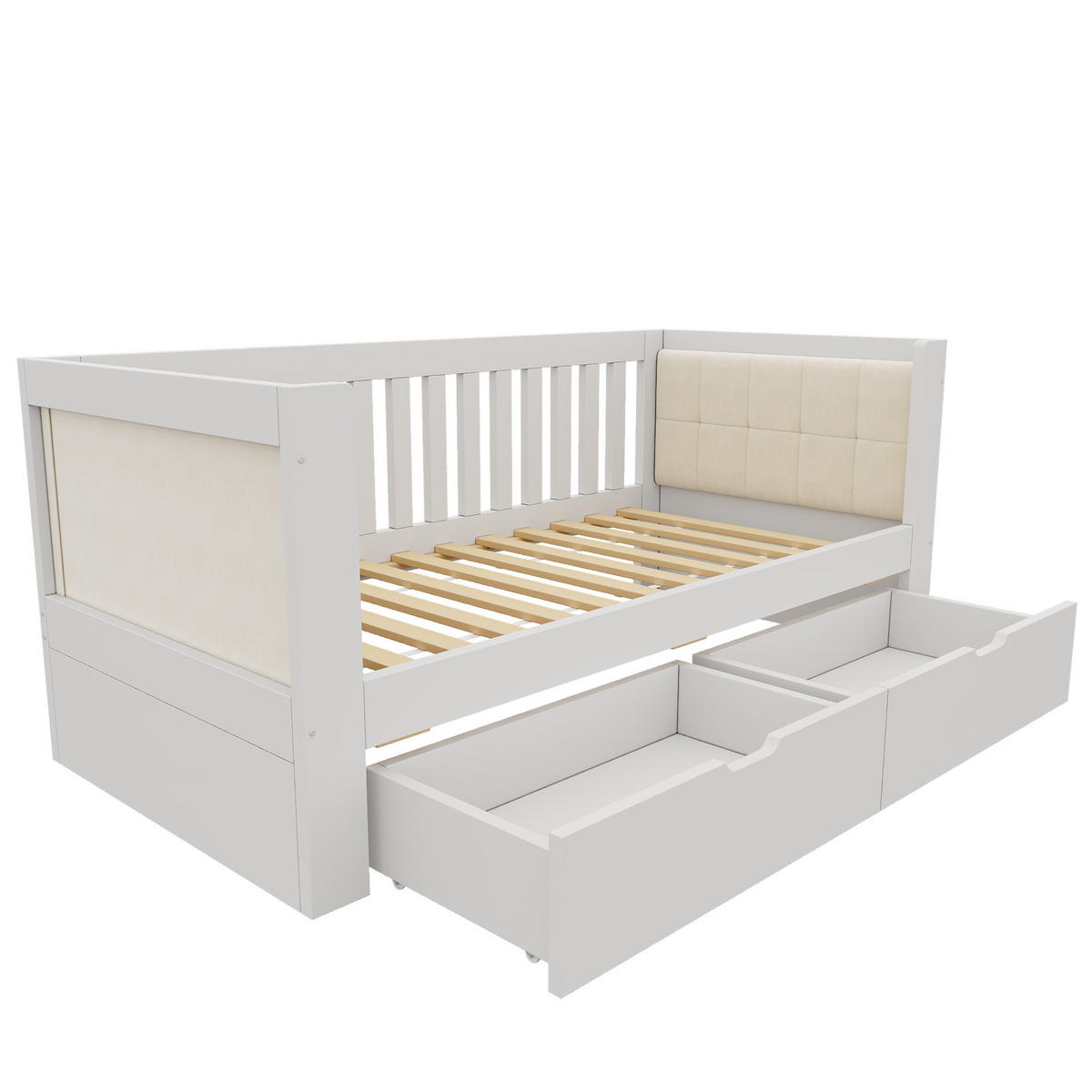 POLSTERBETT 90/190 cm mit 2 Schubladen, gepolsterter Rückenlehne und Lattenrost, Holz, Weiß - Weiß, Textil (90/190cm) - Redom