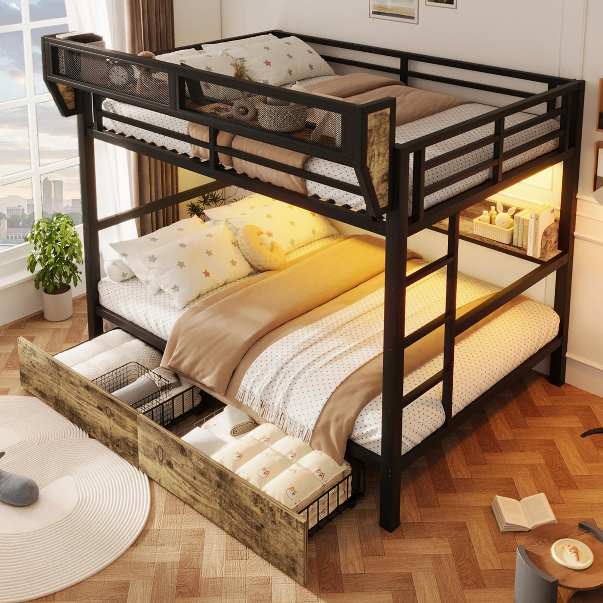 ETAGENBETT 140/200 cm in Schwarz mit LED, Regal, Körben und Schubladen - Schwarz, Holzwerkstoff/Metall (140/200cm) - WISHDOR