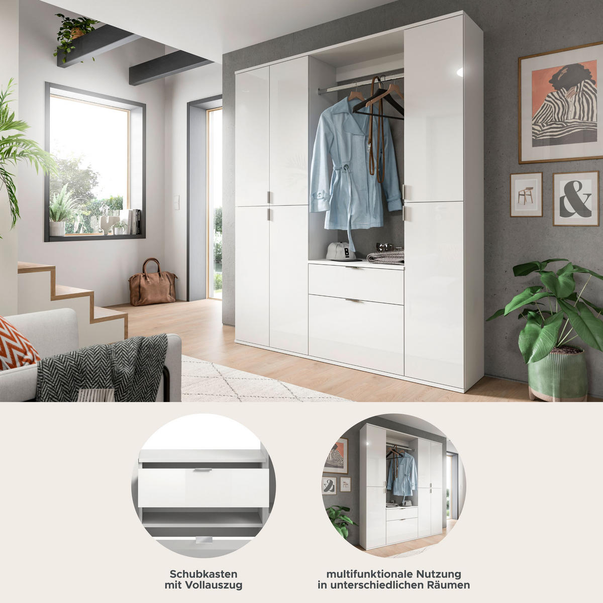 GARDEROBENKOMBINATION 4tlg. Projekt X Garderobe in weiß Nb. und weiß hochglanz B/H/T: 152x193x34 cm - Weiß, Holzwerkstoff (152/193/34cm)