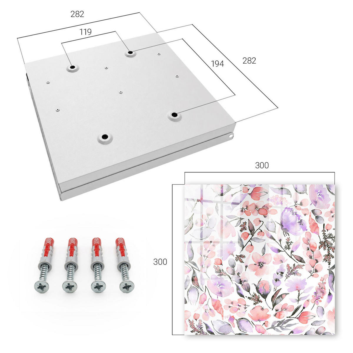SCHLÜSSELBOX Weiß 30x30 cm – Türöffnung nach rechts - Pastellblumen - Weiß, Metall (30/30/5cm) - TULUP
