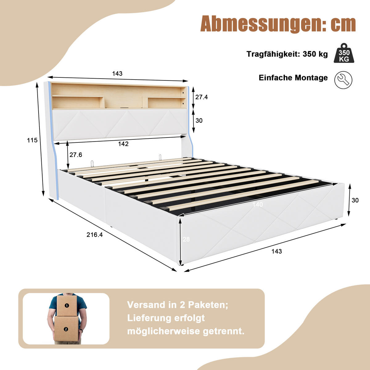 POLSTERBETT 140/200 cm mit Hydraulik-Bettkasten, LED-Ablagekopfteil und USB-Anschluss - Weiß, Holz/Metall (140/200cm) - Joyfair