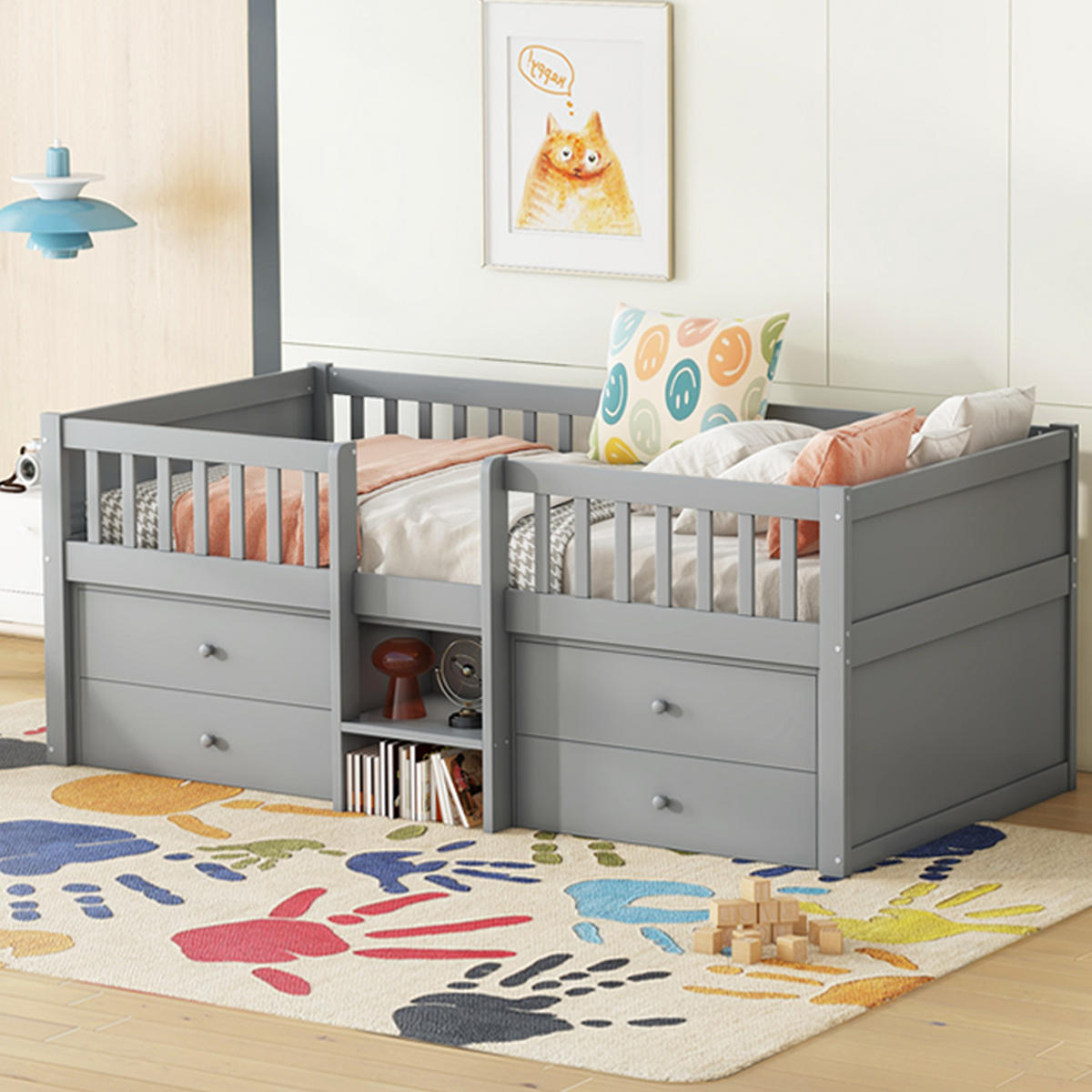 KINDERBETT Kindereinzelbetten 90/200 cm mit 4 Schubladen, Leiter und Sicherheitsgeländer aus Kiefer und MDF, Grau - Grau, Holzwerkstoff (90/200cm) - Redom