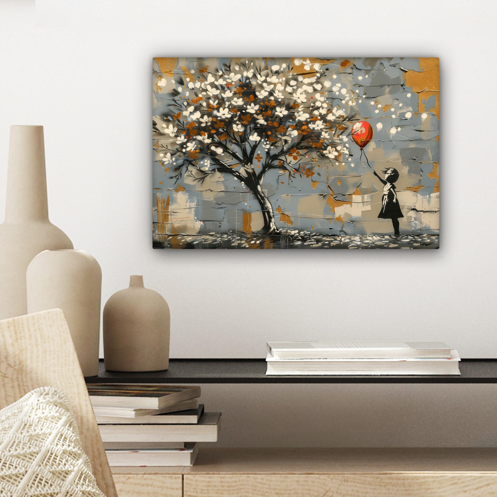 LEINWANDBILD Baum - Graffiti - Banksy-Stil - Ballon-Mädchen 30x20 cm - Blaugrau, Textil (30/20cm) - MuchoWow