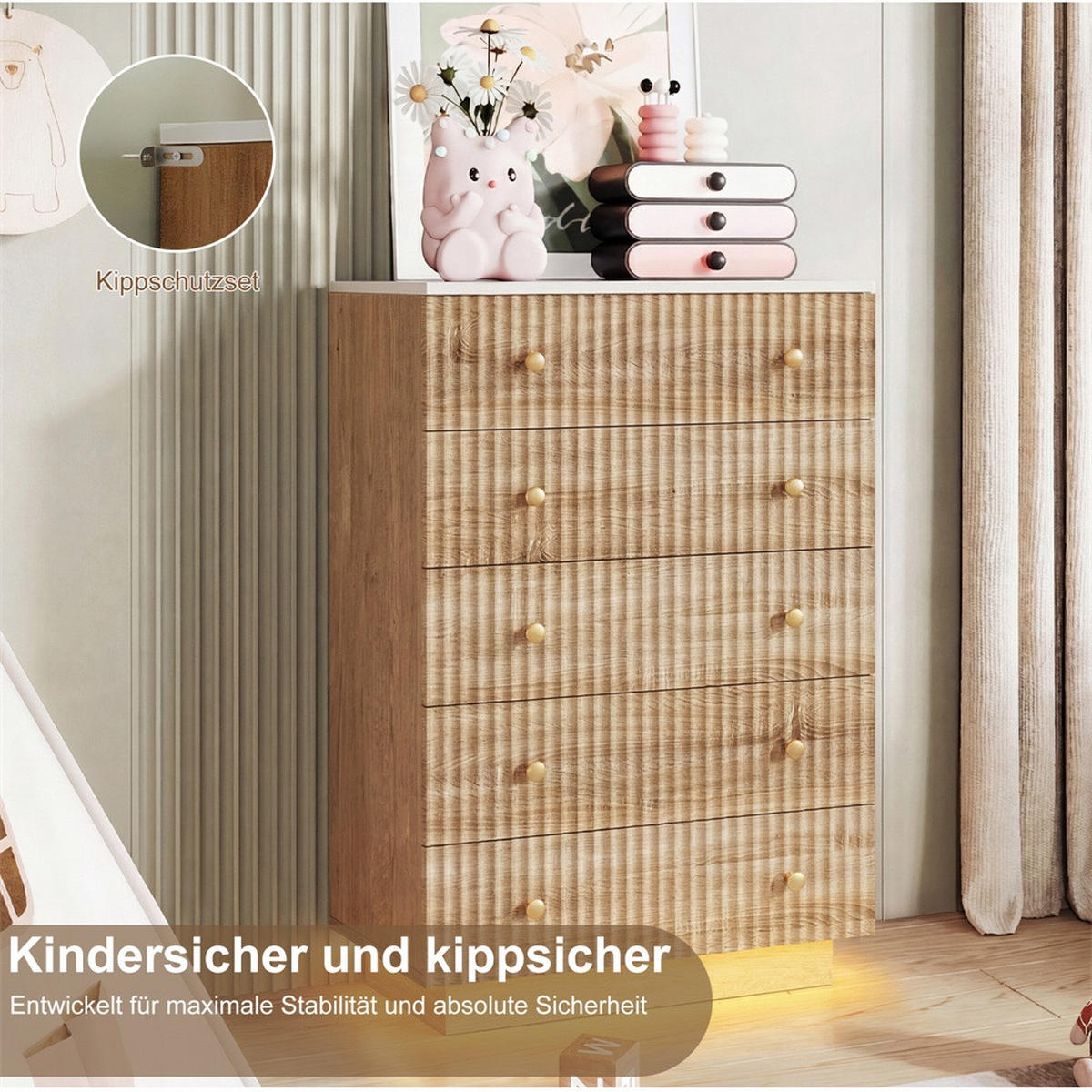 KOMMODE mit 5 Schubladen - stimmungsvolle 3-Farben-LED-Beleuchtung - natürliche Holz-Optik - Eichefarben, Holzwerkstoff (73/111/40cm) - DELFA