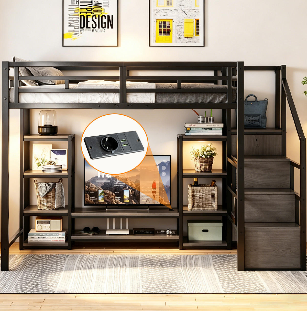 HOCHBETT 140/200 cm aus Metall/MDF mit TV-Ständer, Steckdose und Aufbewahrungsleiter Schwarz - Schwarz, Metall (140/200cm) - Modenvie