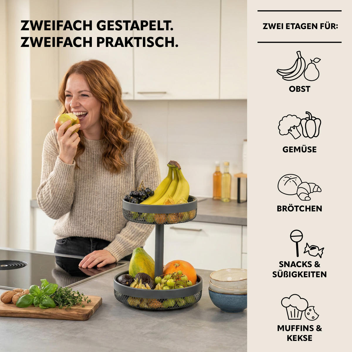 OBSTETAGERE, rund, 2-stöckig, Ø 20 cm und 25 cm, grau, Metall - Grau, Metall (25/31cm) - eluno